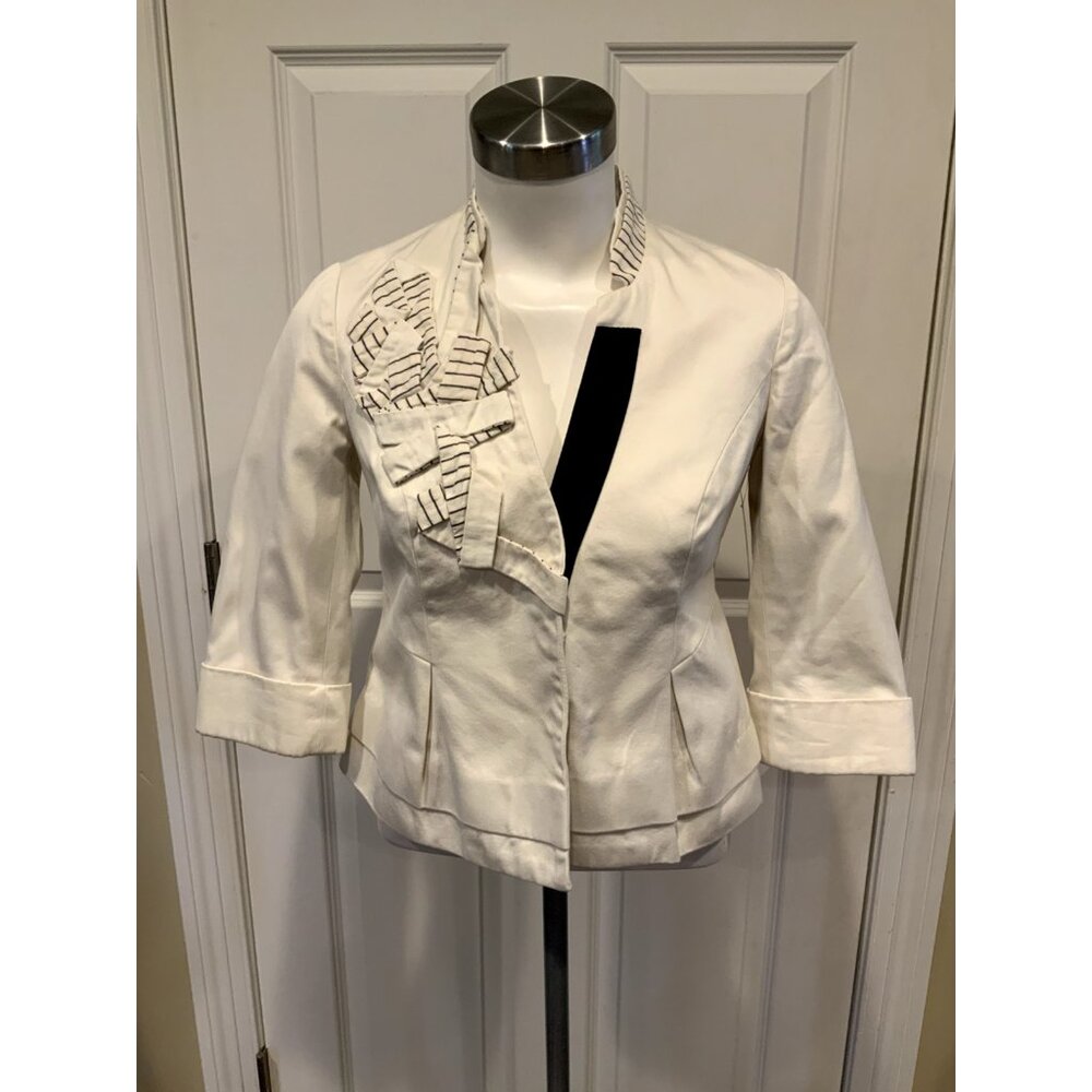 Floreat Anthropologie Cream W/ Blue Striped Trim Jacket, Size 0 (US)